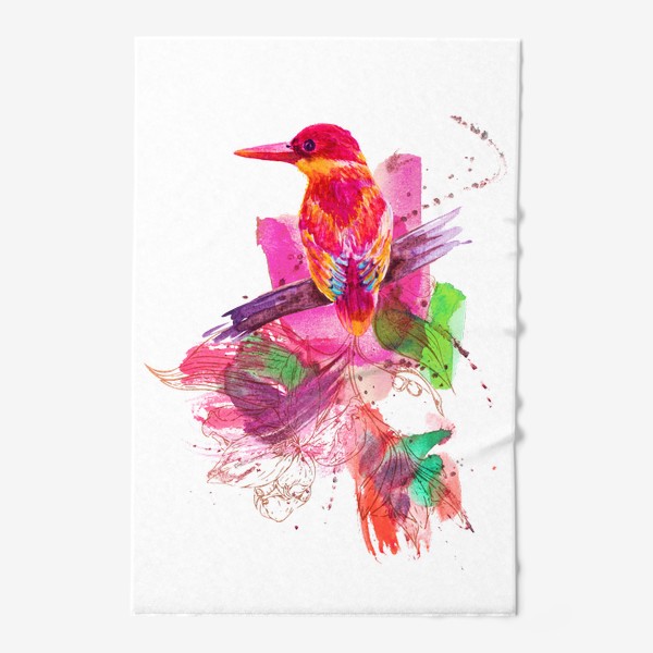 Полотенце &laquo;Тропическая птичка, акварельная композиция с цветами и брызгами&raquo;