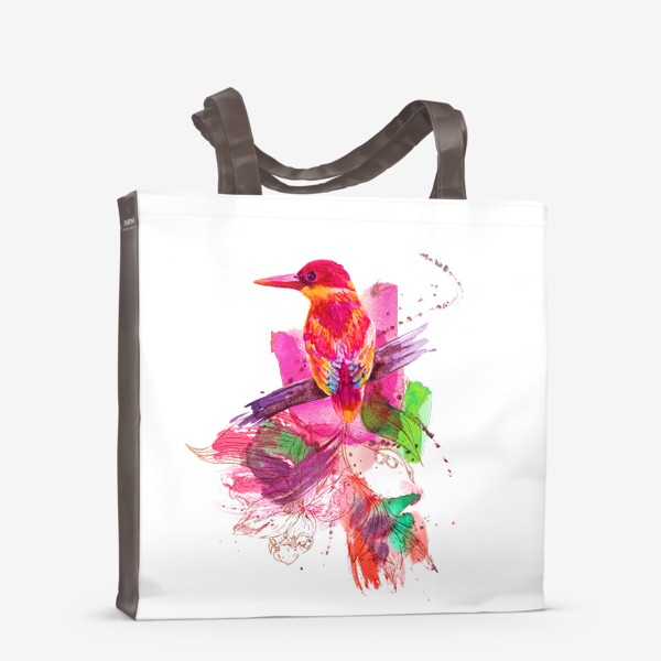Сумка-шоппер «Тропическая птичка, акварельная композиция с цветами и брызгами»