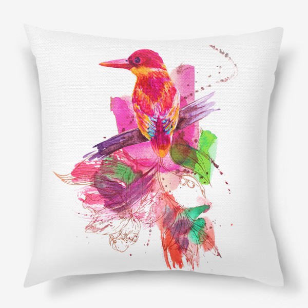 Подушка «Тропическая птичка, акварельная композиция с цветами и брызгами»