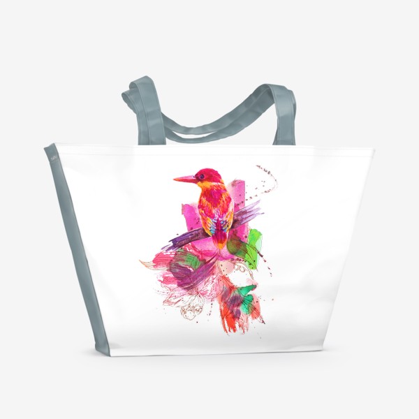 Пляжная сумка «Тропическая птичка, акварельная композиция с цветами и брызгами»