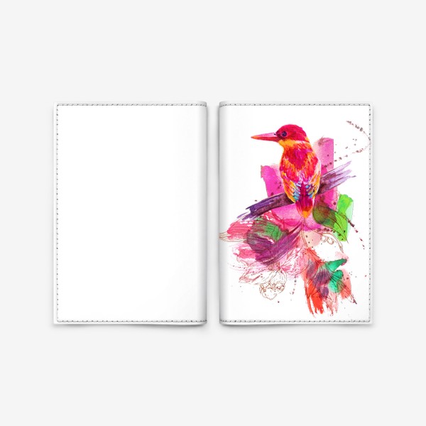 Обложка для паспорта «Тропическая птичка, акварельная композиция с цветами и брызгами»