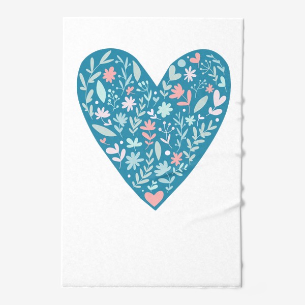Полотенце &laquo;голубое сердечко с простыми растениями и цветочками в светло голубых и розовых цветах. дудл цветы и веточки&raquo;