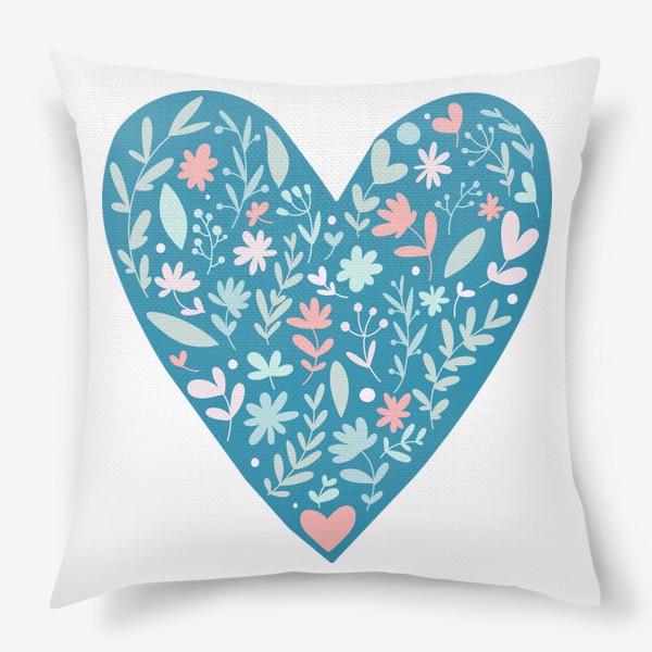 Подушка &laquo;голубое сердечко с простыми растениями и цветочками в светло голубых и розовых цветах. дудл цветы и веточки&raquo;