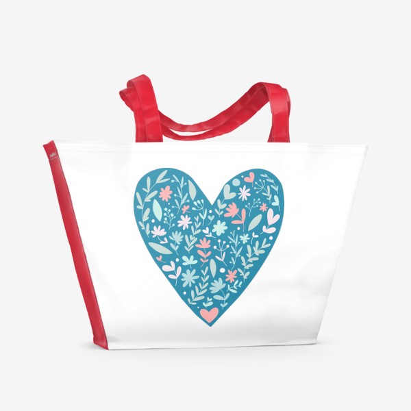 Пляжная сумка &laquo;голубое сердечко с простыми растениями и цветочками в светло голубых и розовых цветах. дудл цветы и веточки&raquo;