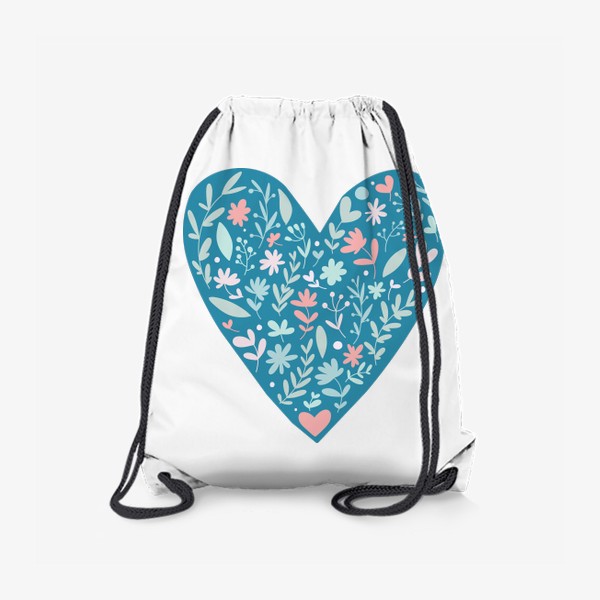 Рюкзак «голубое сердечко с простыми растениями и цветочками в светло голубых и розовых цветах. дудл цветы и веточки»