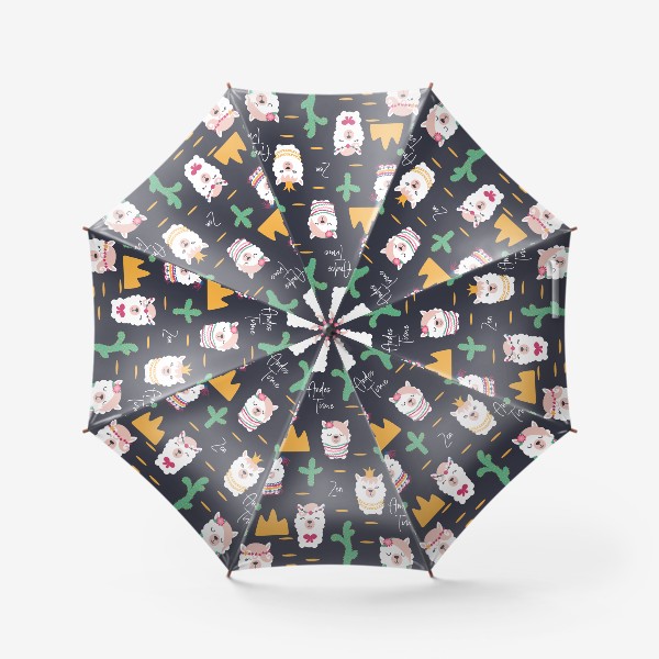 Зонт «Ламы, альпаки и кактусы на темном фоне. Дзен Анды. Паттерн»