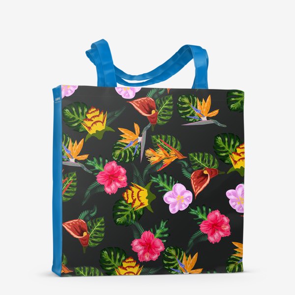 Сумка-шоппер «Тропические цветы на черном, паттерн»