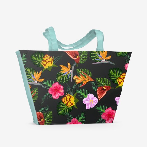 Пляжная сумка «Тропические цветы на черном, паттерн»