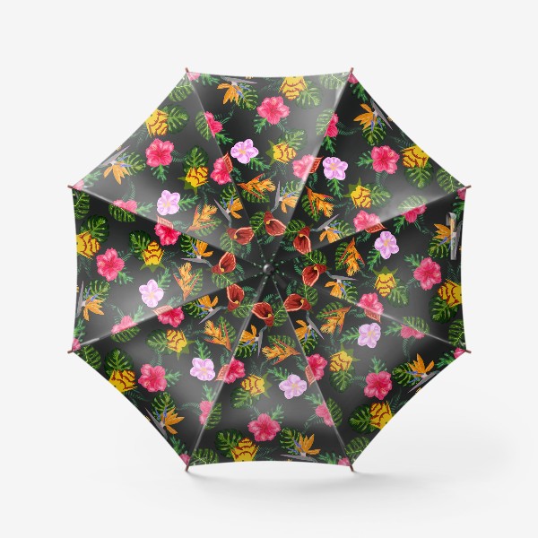Зонт &laquo;Тропические цветы на черном, паттерн&raquo;