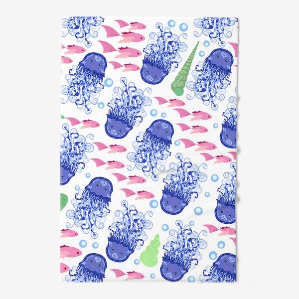Полотенце «Синие медузы, розовые рыбки, зеленые ракушки морской паттерн»