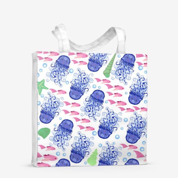 Сумка-шоппер «Синие медузы, розовые рыбки, зеленые ракушки морской паттерн»