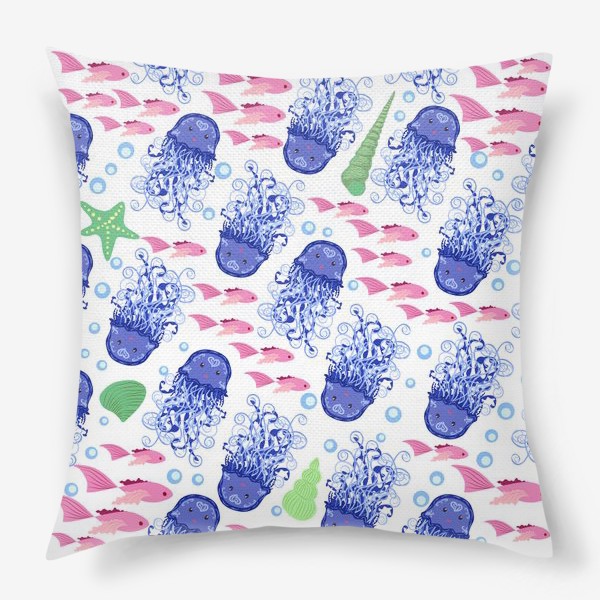Подушка «Синие медузы, розовые рыбки, зеленые ракушки морской паттерн»