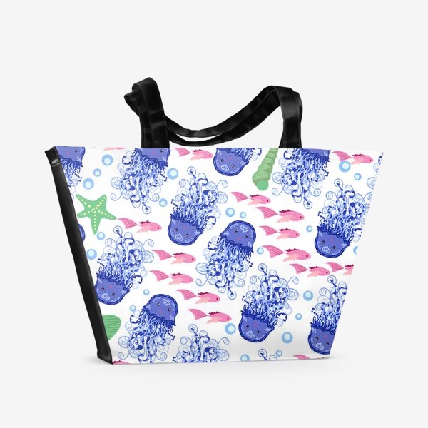 Пляжная сумка &laquo;Синие медузы, розовые рыбки, зеленые ракушки морской паттерн&raquo;
