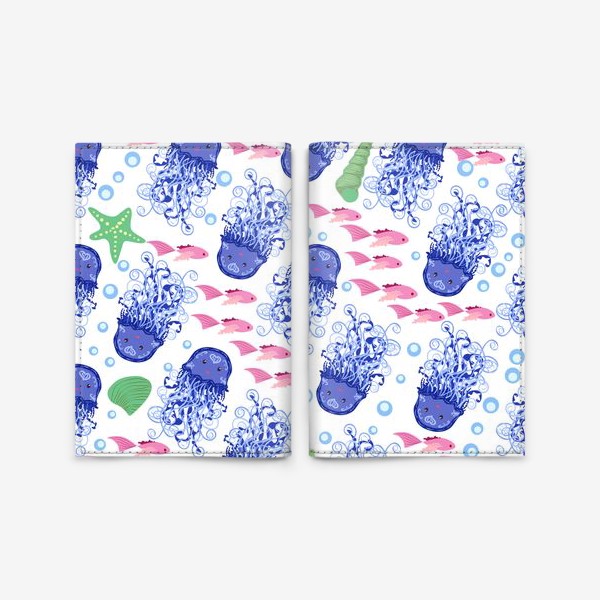 Обложка для паспорта «Синие медузы, розовые рыбки, зеленые ракушки морской паттерн»