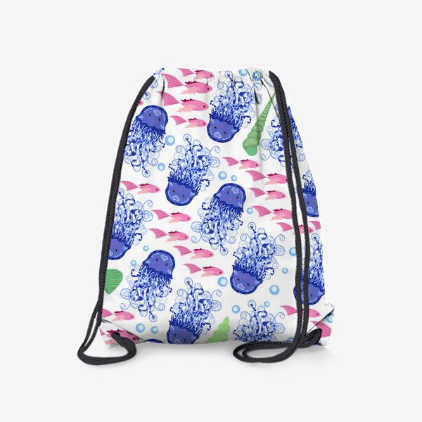 Рюкзак «Синие медузы, розовые рыбки, зеленые ракушки морской паттерн»