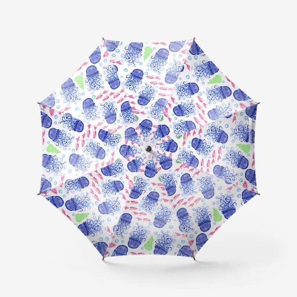 Зонт &laquo;Синие медузы, розовые рыбки, зеленые ракушки морской паттерн&raquo;