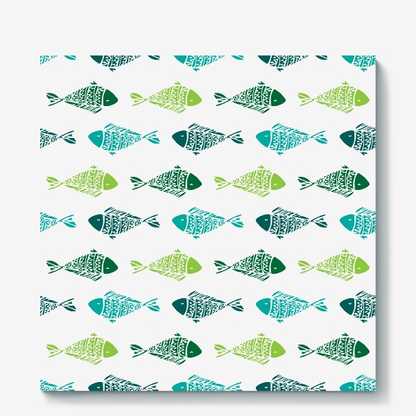 Холст «узор из разноцветных рыбок, в бирюзового зеленых цветах. смешные маленькие рыбки в горизонтальных плывут»