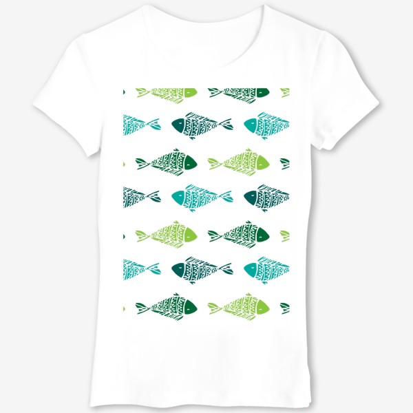 Футболка «узор из разноцветных рыбок, в бирюзового зеленых цветах. смешные маленькие рыбки в горизонтальных плывут»