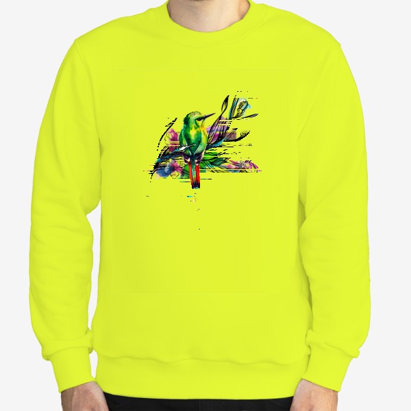 Свитшот «Тропическая птичка, акварельная композиция с цветами и брызгами»
