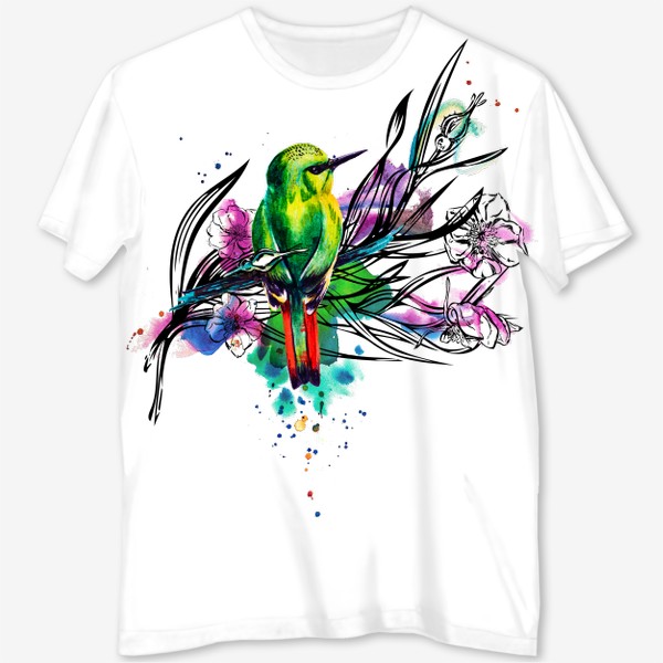 Футболка с полной запечаткой &laquo;Тропическая птичка, акварельная композиция с цветами и брызгами&raquo;