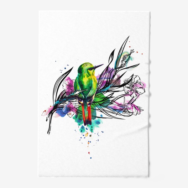 Полотенце &laquo;Тропическая птичка, акварельная композиция с цветами и брызгами&raquo;