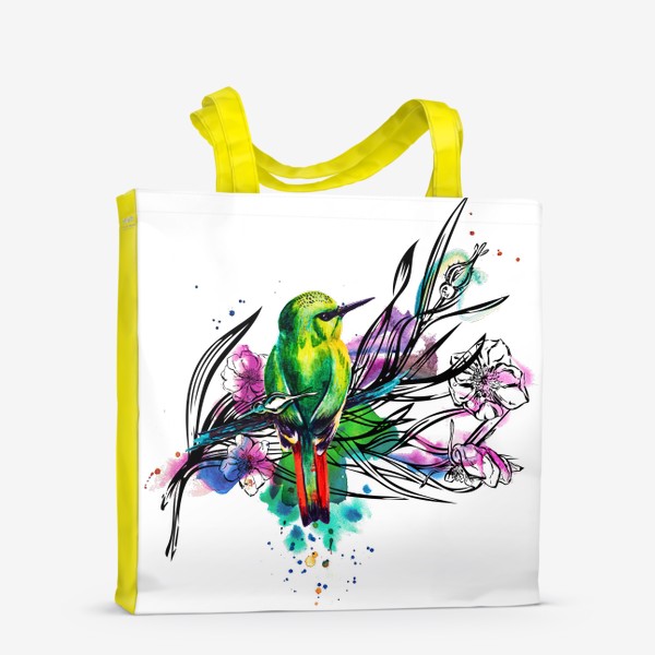 Сумка-шоппер «Тропическая птичка, акварельная композиция с цветами и брызгами»
