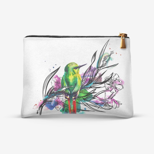 Косметичка «Тропическая птичка, акварельная композиция с цветами и брызгами»