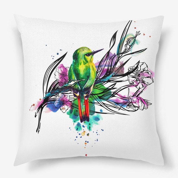 Подушка &laquo;Тропическая птичка, акварельная композиция с цветами и брызгами&raquo;