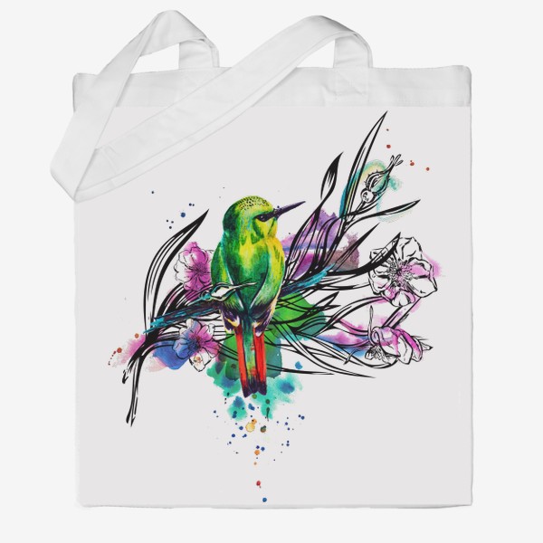Сумка хб «Тропическая птичка, акварельная композиция с цветами и брызгами»