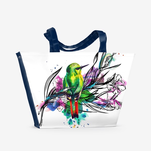 Пляжная сумка «Тропическая птичка, акварельная композиция с цветами и брызгами»