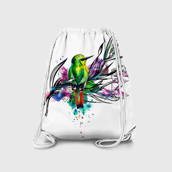 Рюкзак «Тропическая птичка, акварельная композиция с цветами и брызгами»