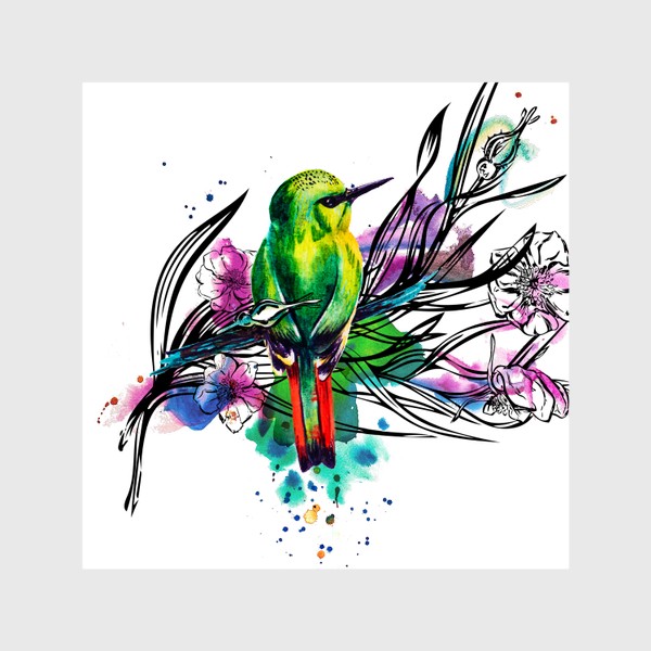 Шторы «Тропическая птичка, акварельная композиция с цветами и брызгами»