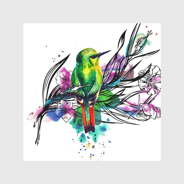 Скатерть «Тропическая птичка, акварельная композиция с цветами и брызгами»
