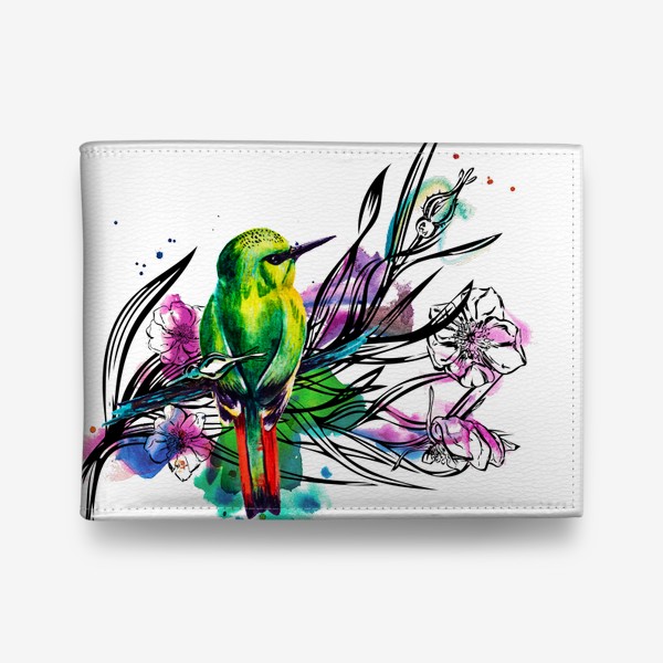 Кошелек «Тропическая птичка, акварельная композиция с цветами и брызгами»