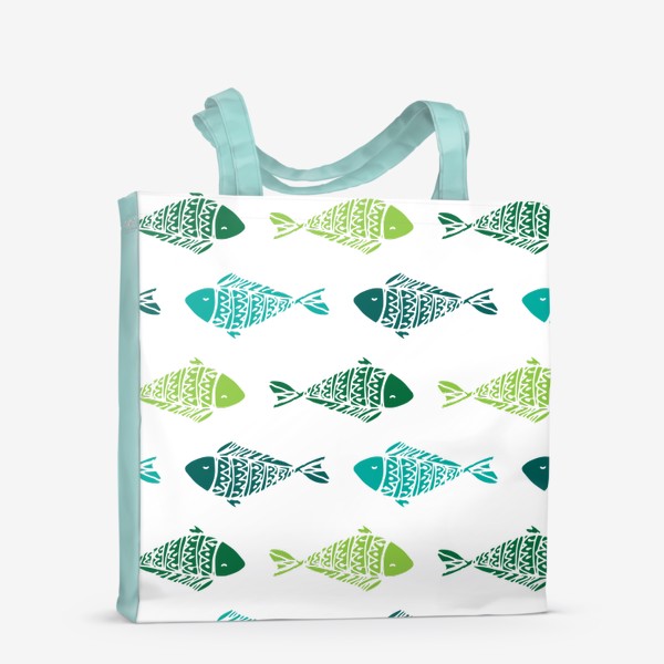 Сумка-шоппер «узор из разноцветных рыбок, в бирюзового зеленых цветах. смешные маленькие рыбки в горизонтальных плывут»