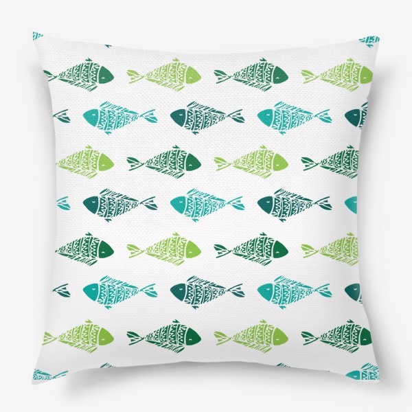 Подушка «узор из разноцветных рыбок, в бирюзового зеленых цветах. смешные маленькие рыбки в горизонтальных плывут»