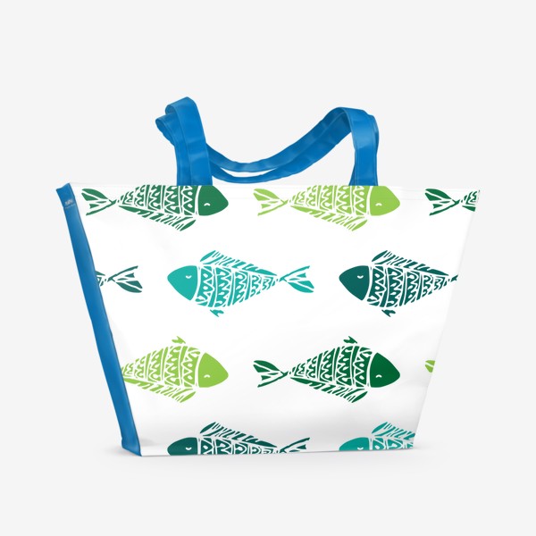 Пляжная сумка «узор из разноцветных рыбок, в бирюзового зеленых цветах. смешные маленькие рыбки в горизонтальных плывут»