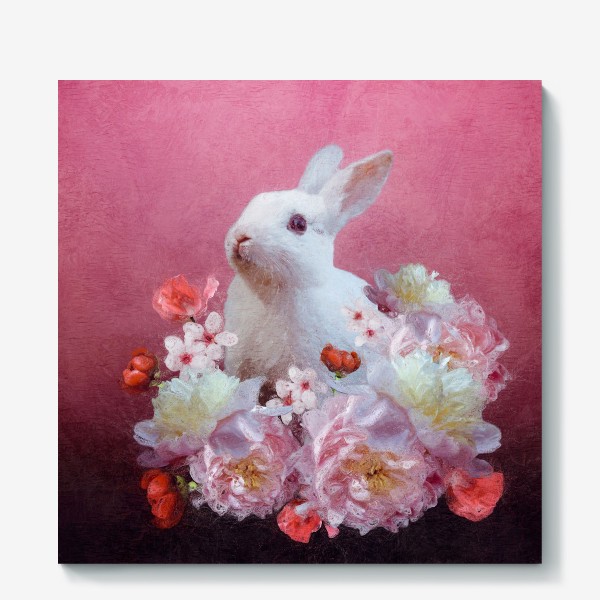 Холст «Белый кролик в цветах»