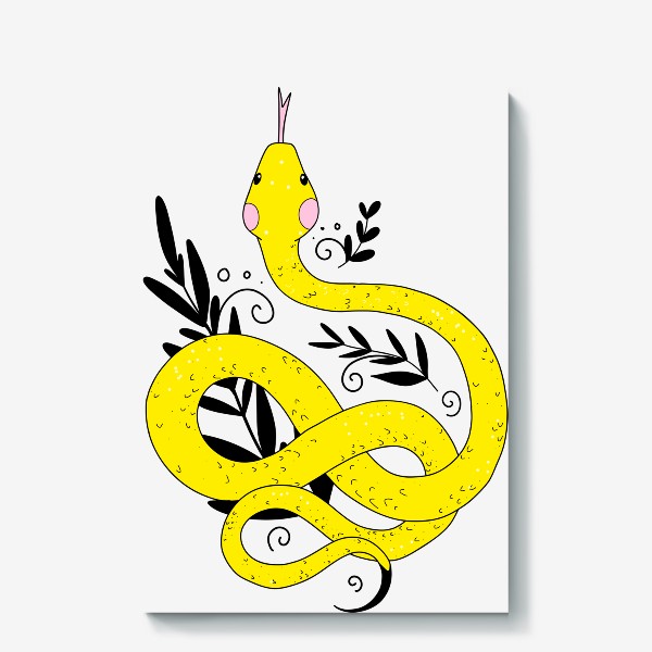 Холст «желтая змея, изогнутое тело кольцами с высунутым языком и растениями с спиралями»