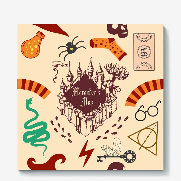 Холст «Гарри Поттер паттерн с картой мародеров и магическими предметами: шарф, билет, шляпа, ключ, зелье, »