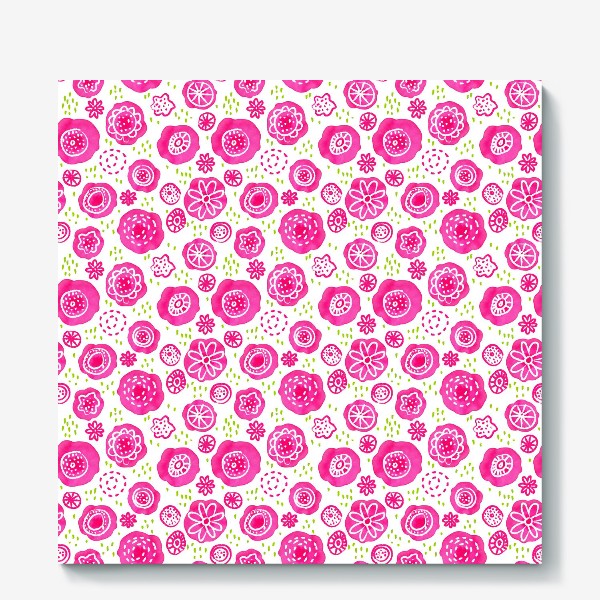Холст «Розовые акварельные цветы в дудл стиле, паттерн»