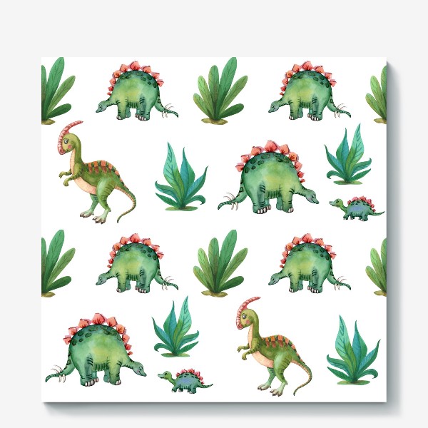 Холст «Милые зеленые динозавры и трава»