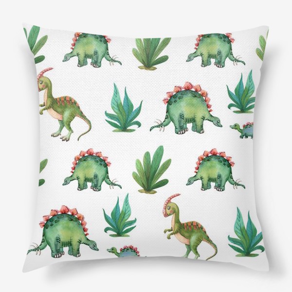 Подушка «Милые зеленые динозавры и трава»