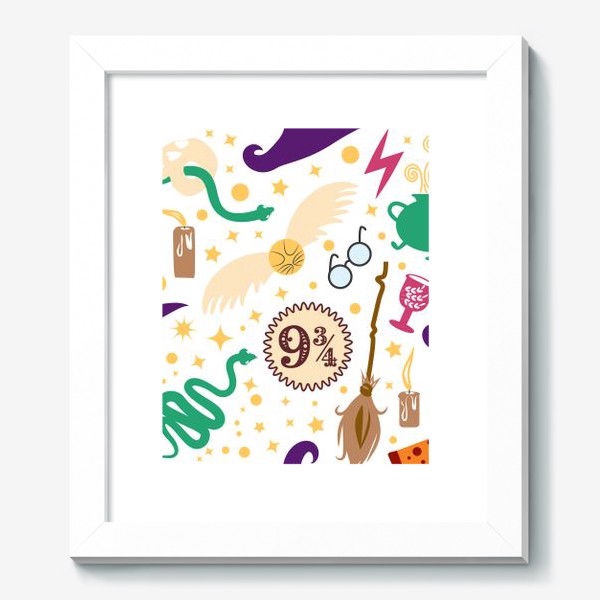 Картина «Гарри Поттер паттерн с магическими предметами: билет, шляпа, метла, снитч, змея, зелье, молния»