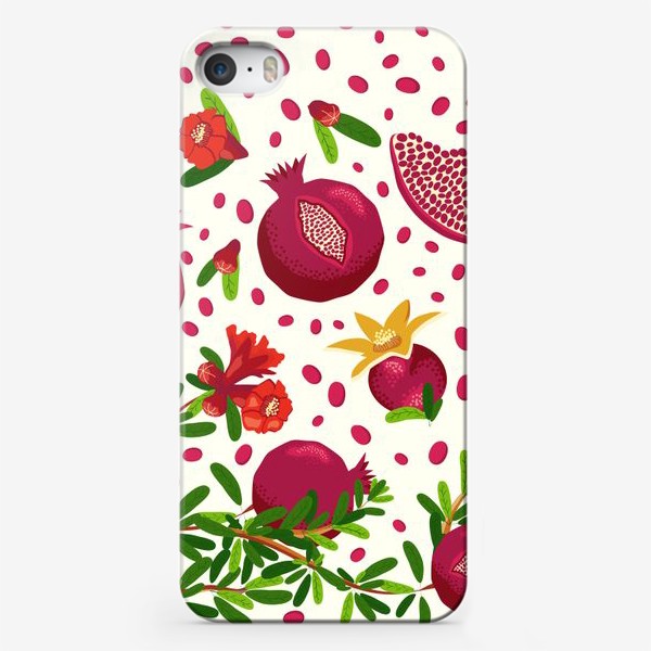 Чехол iPhone «Гранатовая ветка паттерн, горизонтальный бордюр с ягодами и цветами»