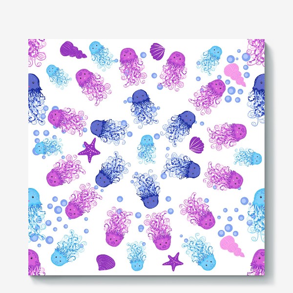 Холст «Синие, голубые, розовые, фиолетовые медузы паттерн»