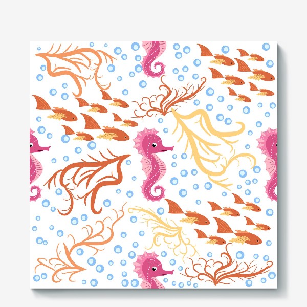 Холст «Морской конек розовый, водоросли, пузыри и рыбки паттерн»