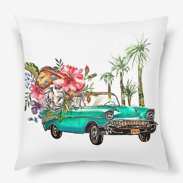 Подушка «стильный принт абстракция ретро машины цветы путешествие летний принт»