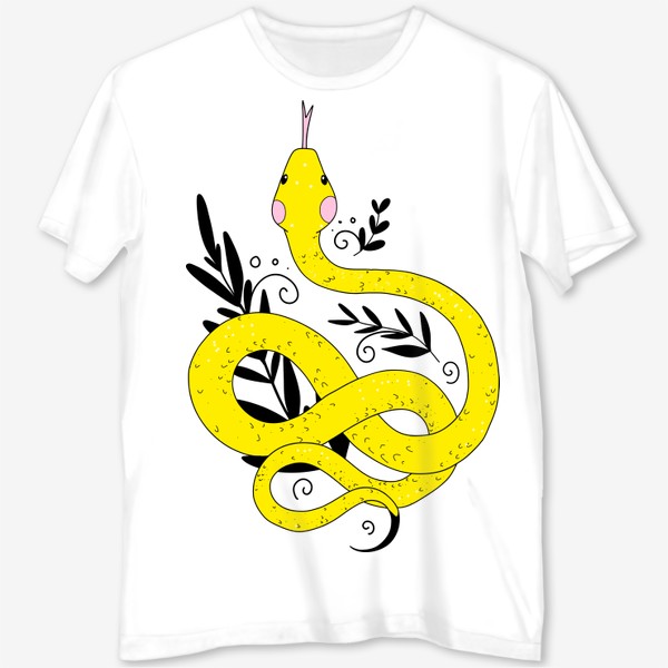 Футболка с полной запечаткой «желтая змея, изогнутое тело кольцами с высунутым языком и растениями с спиралями»