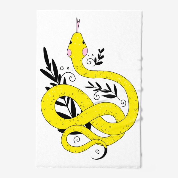 Полотенце «желтая змея, изогнутое тело кольцами с высунутым языком и растениями с спиралями»